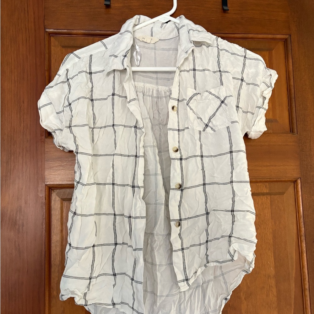 White and Black Checkered Women's Linen Button Down
